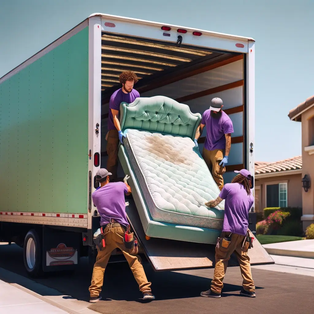 Three workers in purple shirts loading an old, dusty, and slightly torn bed into a pastel green moving truck, symbolizing careful work and attention to detail in handling aged items.